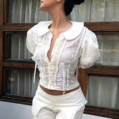 Elegant Solid Spliced Button Lapel Short Sleeve Slimming Blouses Mssza