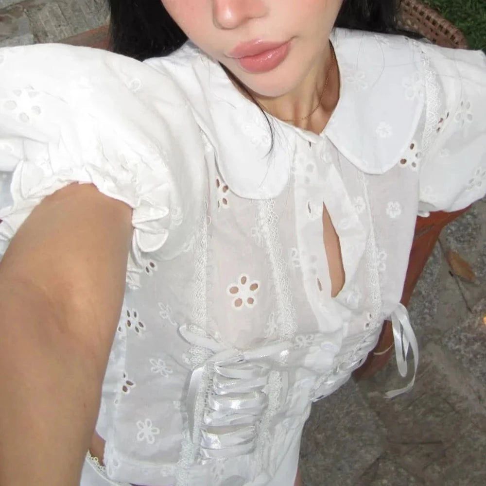 Elegant Solid Spliced Button Lapel Short Sleeve Slimming Blouses Mssza