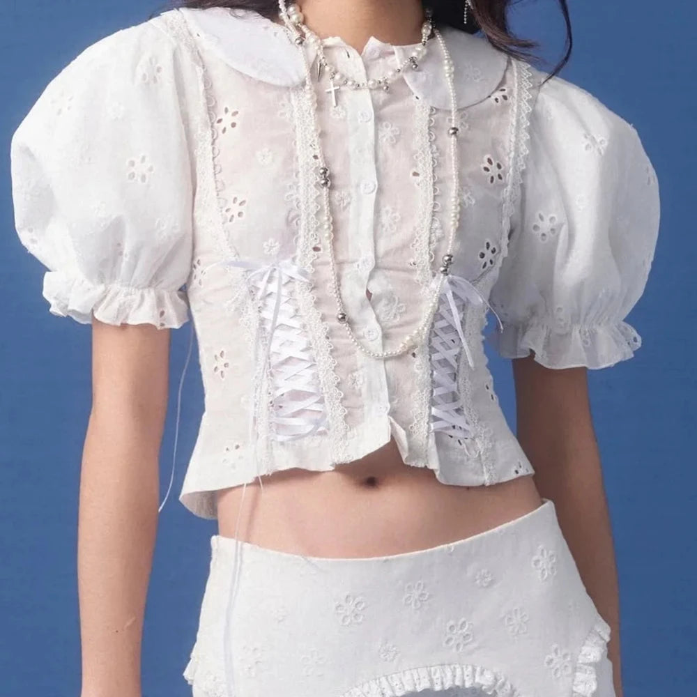 Elegant Solid Spliced Button Lapel Short Sleeve Slimming Blouses Mssza