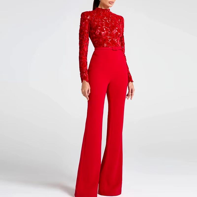 Elegant Solid Wide Leg Full Sleeve High Waist Embroidery Club Jumpsuits Mssza