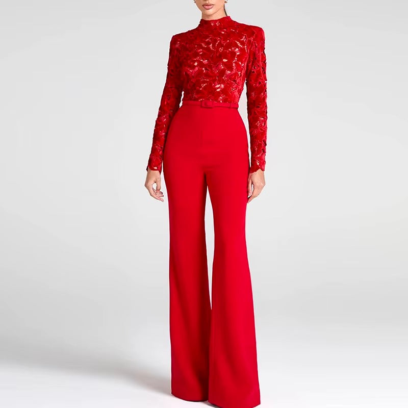 Elegant Solid Wide Leg Full Sleeve High Waist Embroidery Club Jumpsuits Mssza