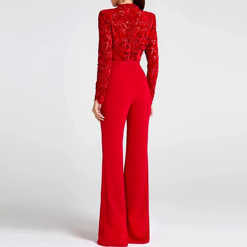 Elegant Solid Wide Leg Full Sleeve High Waist Embroidery Club Jumpsuits Mssza
