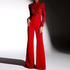 Elegant Solid Wide Leg Full Sleeve High Waist Embroidery Club Jumpsuits Mssza