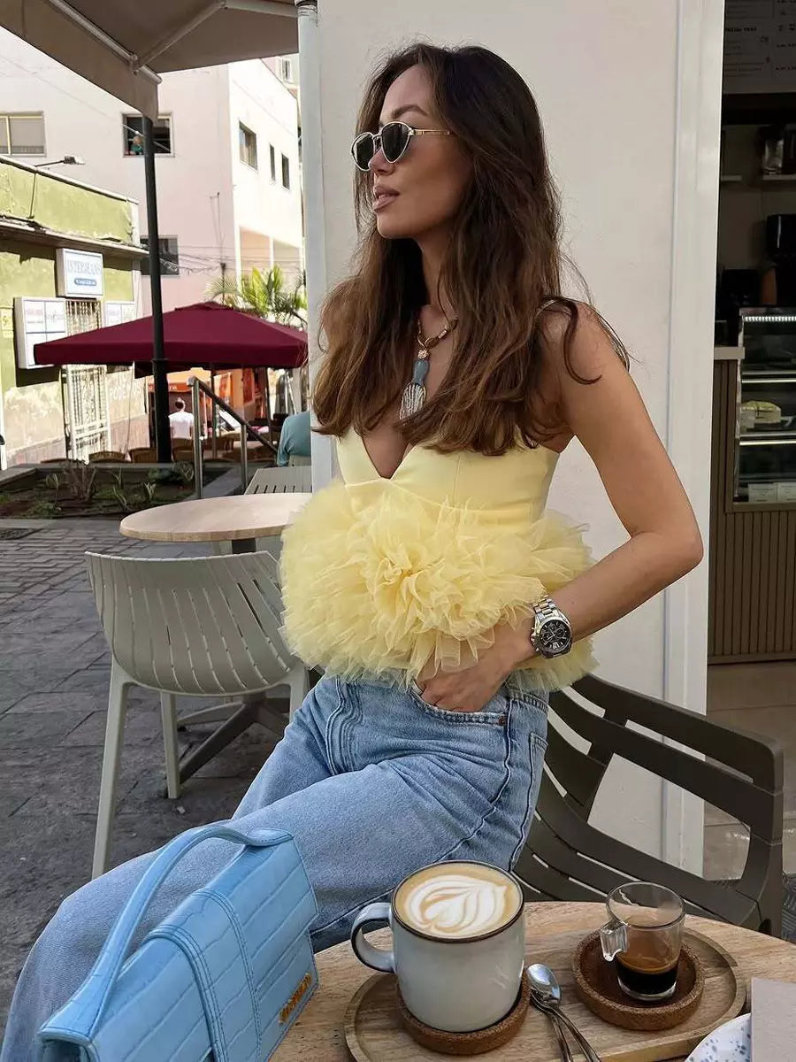Elegant Spaghetti Straps Ruffles Tulle Trimmed Crop Camisole Top Mssza