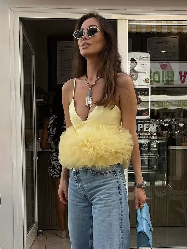 Elegant Spaghetti Straps Ruffles Tulle Trimmed Crop Camisole Top Mssza