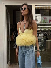 Elegant Spaghetti Straps Ruffles Tulle Trimmed Crop Camisole Top Mssza