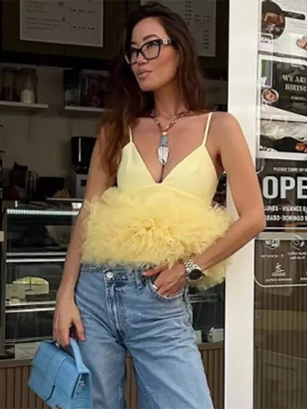 Elegant Spaghetti Straps Tulle Trimmed Ruffles Crop Camisole Top Mssza