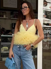 Elegant Spaghetti Straps Tulle Trimmed Ruffles Crop Camisole Top Mssza