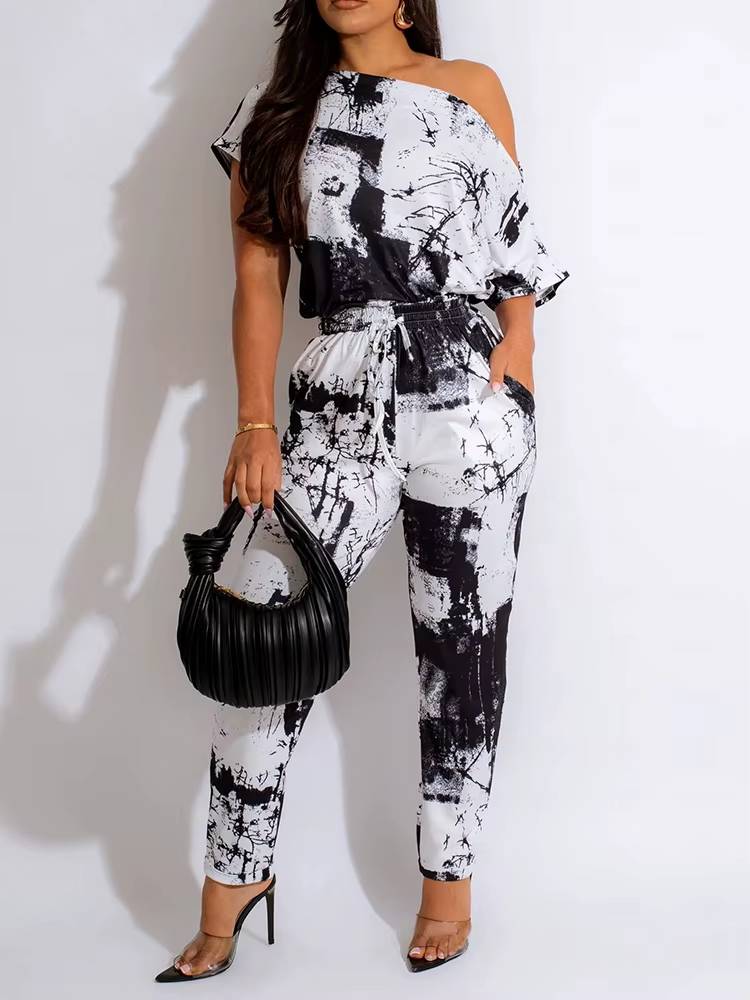 Elegant Splash One Shoulder Tie Dye Print Jumpsuits Mssza