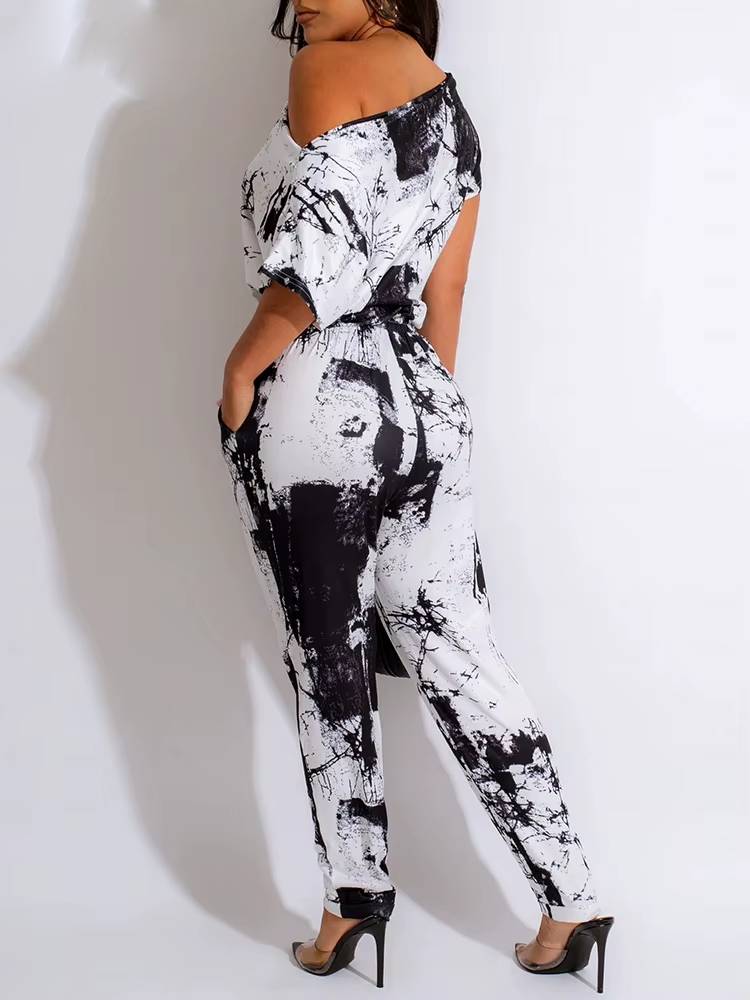 Elegant Splash One Shoulder Tie Dye Print Jumpsuits Mssza