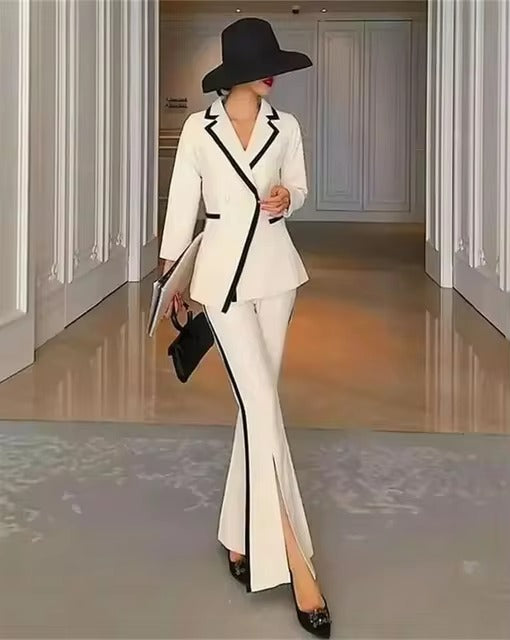 Elegant Split Double Breasted Flare Pants Patchwork Office Lady Coat Jacket Two Pieces Suits Mssza