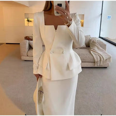 Elegant Square Collar Long Skirts And Blazers 2 Piece Set Mssza