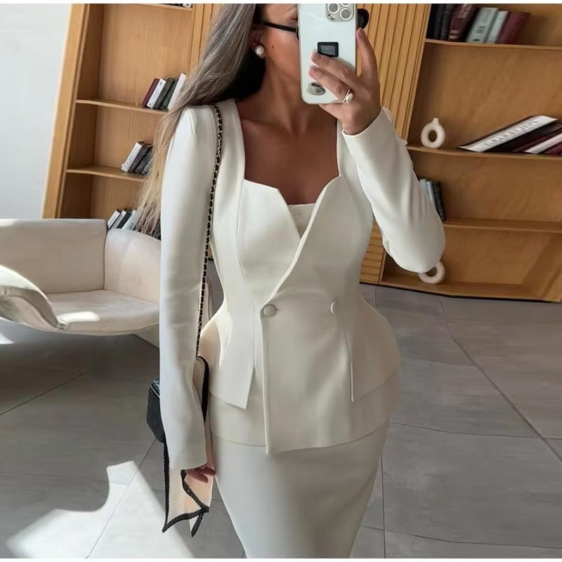 Elegant Square Collar Long Skirts And Blazers 2 Piece Set Mssza