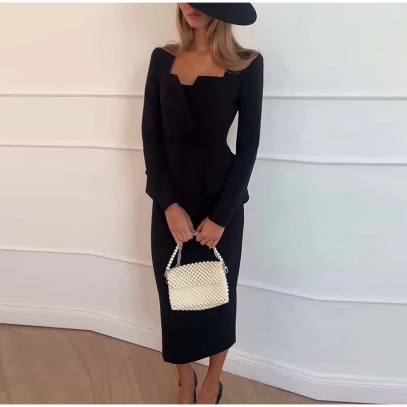 Elegant Square Collar Long Skirts And Blazers 2 Piece Set Mssza