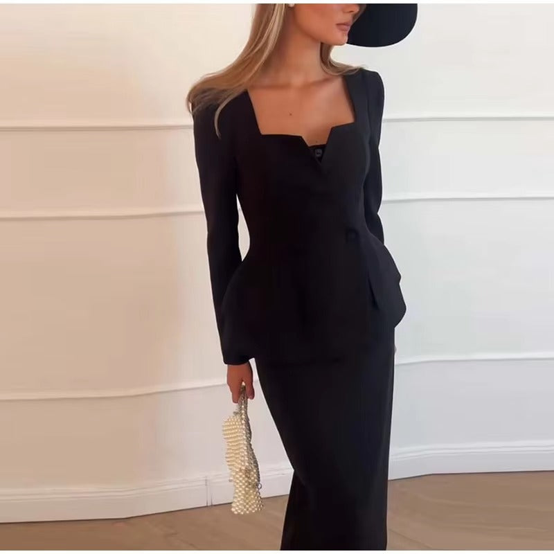Elegant Square Collar Long Skirts And Blazers 2 Piece Set Mssza