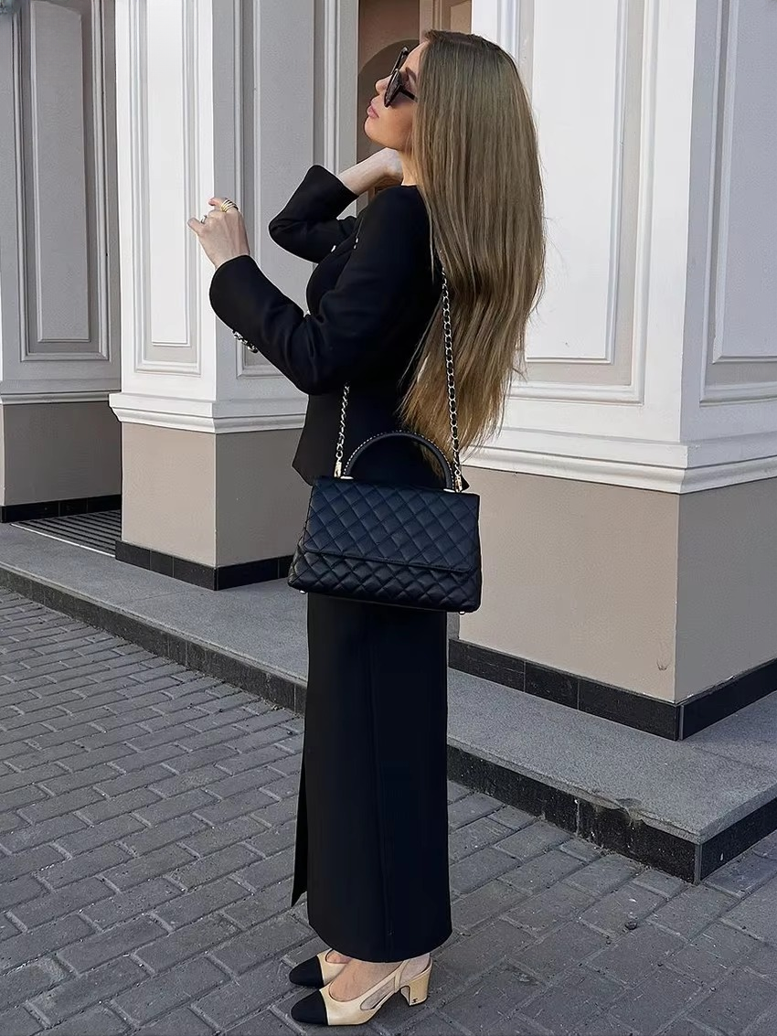 Elegant Square Collar Long Sleeve Shirt With High Wiast Long Skirt Two Pieces Set Mssza