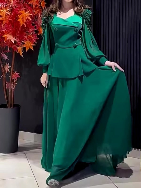 Elegant Square Neck Mesh Puff Sleeves Tops and High Waisted Pleated Skirt Mssza