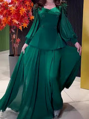Elegant Square Neck Mesh Puff Sleeves Tops and High Waisted Pleated Skirt Mssza