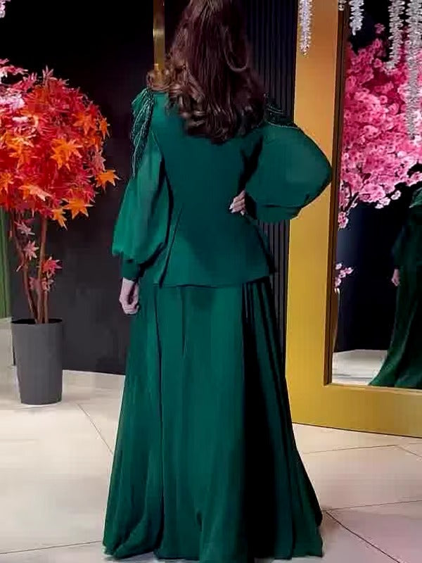 Elegant Square Neck Mesh Puff Sleeves Tops and High Waisted Pleated Skirt Mssza