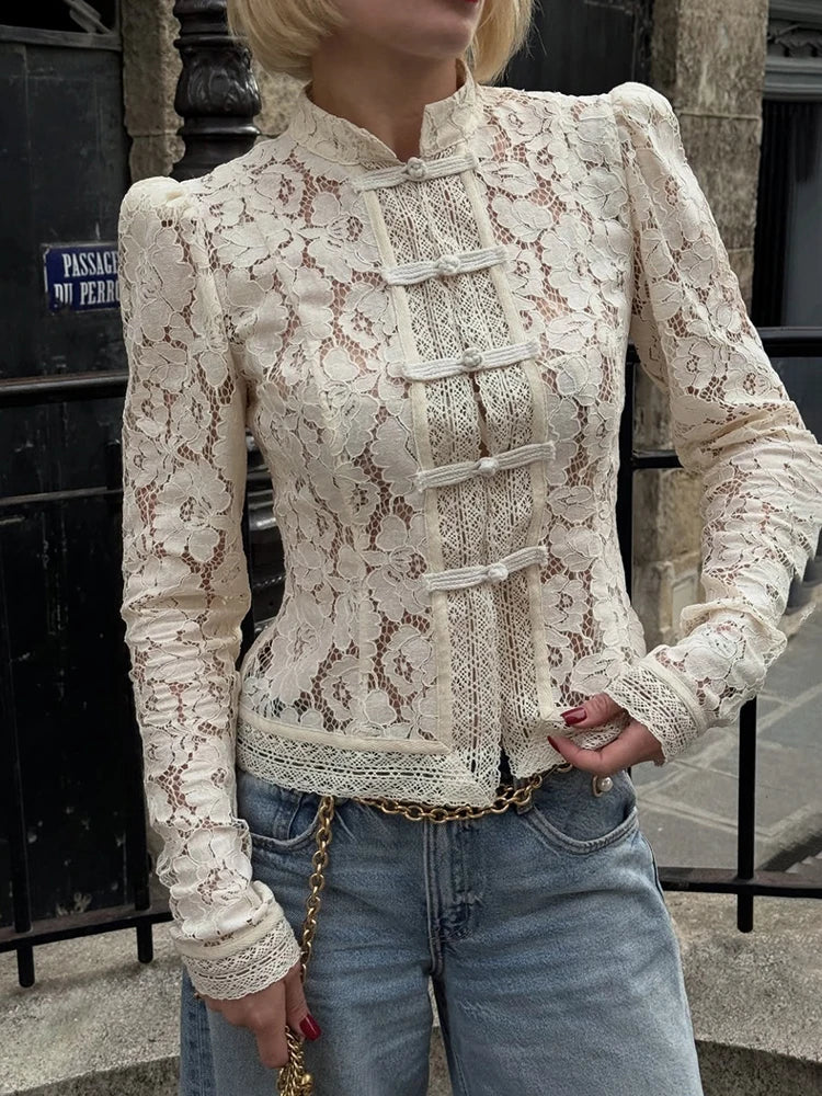 Elegant Stand Collar Lace Long Sleeve Print Floral Tops Mssza