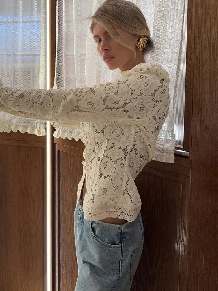 Elegant Stand Collar Lace Long Sleeve Print Floral Tops Mssza