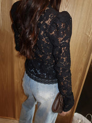 Elegant Stand Collar Lace Long Sleeve Print Floral Tops Mssza