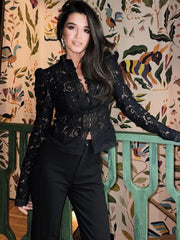 Elegant Stand Collar Lace Long Sleeve Print Floral Tops Mssza