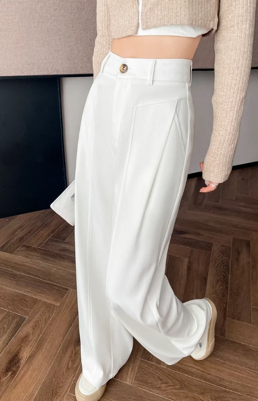 Elegant Straight Casual Denim Cotton Loose Wide Leg Full Pants High Waist Solid Trousers Mssza