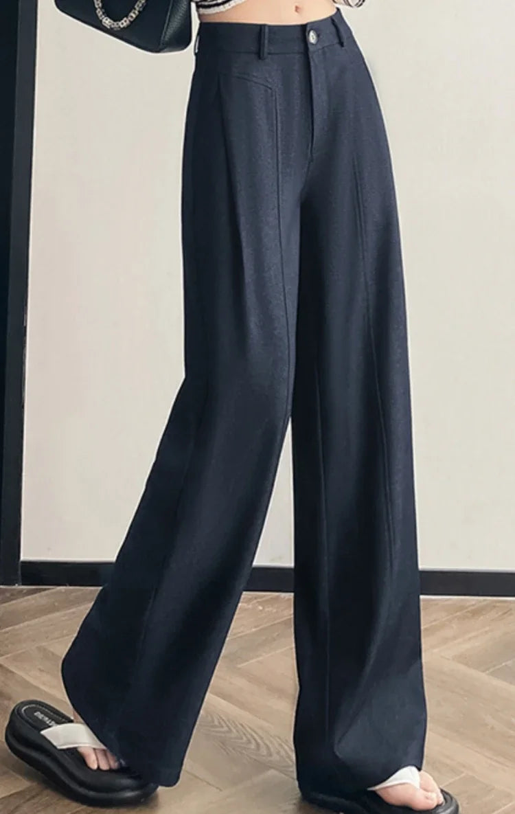 Elegant Straight Casual Denim Cotton Loose Wide Leg Full Pants High Waist Solid Trousers Mssza