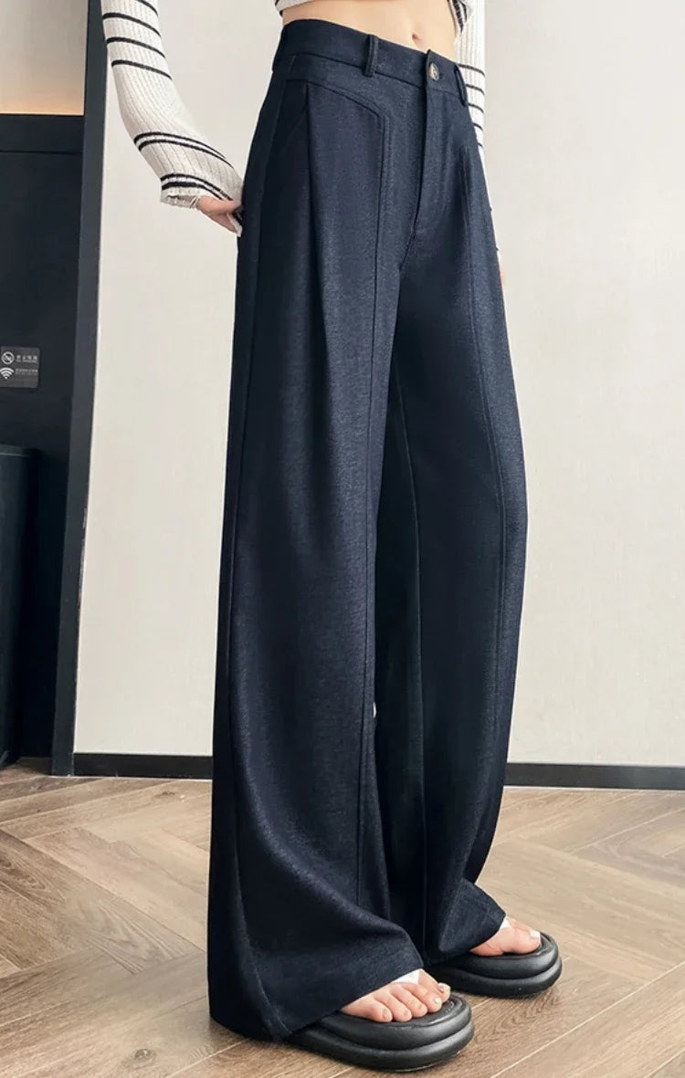 Elegant Straight Casual Denim Cotton Loose Wide Leg Full Pants High Waist Solid Trousers Mssza