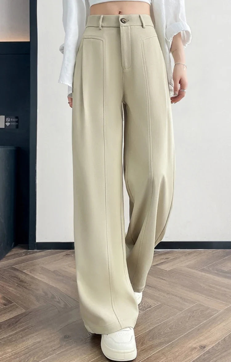 Elegant Straight Casual Denim Cotton Loose Wide Leg Full Pants High Waist Solid Trousers Mssza