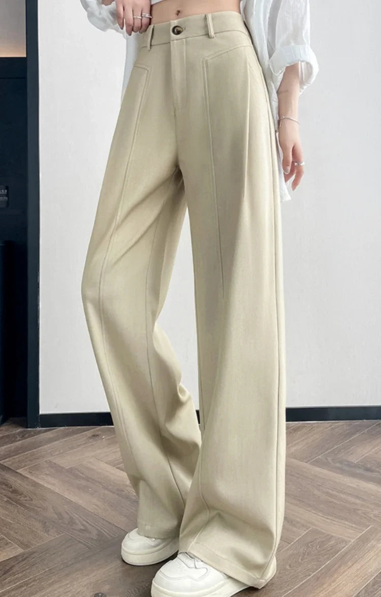 Elegant Straight Casual Denim Cotton Loose Wide Leg Full Pants High Waist Solid Trousers Mssza