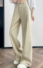 Elegant Straight Casual Denim Cotton Loose Wide Leg Full Pants High Waist Solid Trousers Mssza