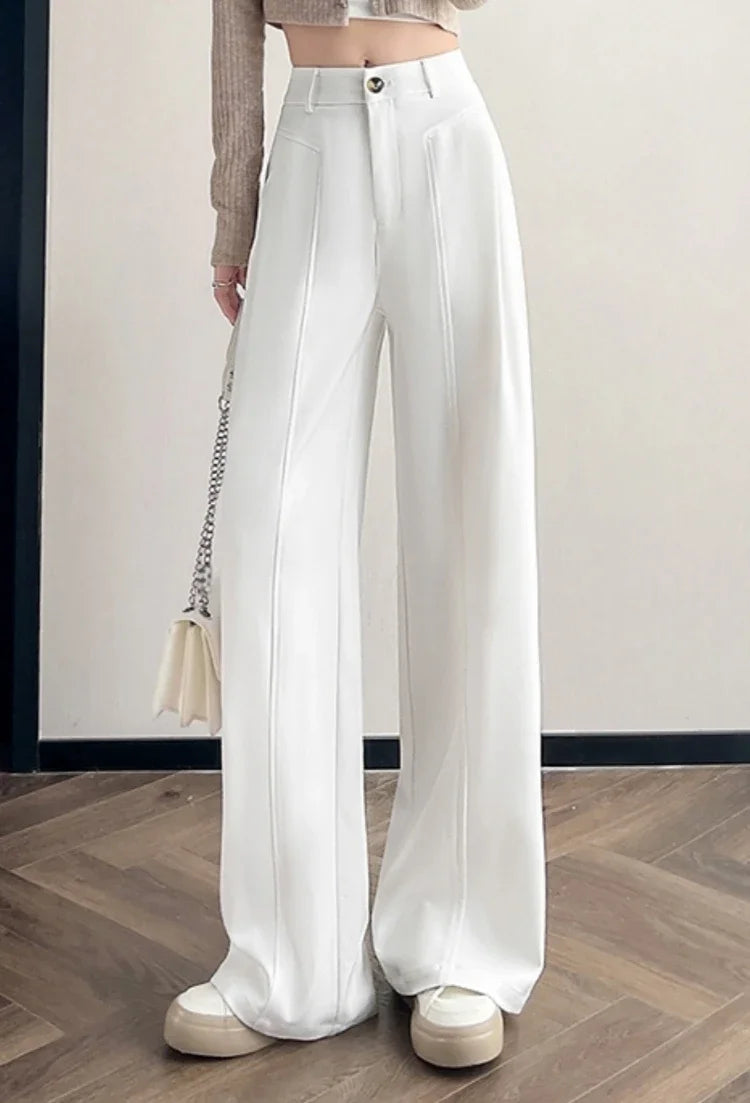 Elegant Straight Casual Denim Cotton Loose Wide Leg Full Pants High Waist Solid Trousers Mssza