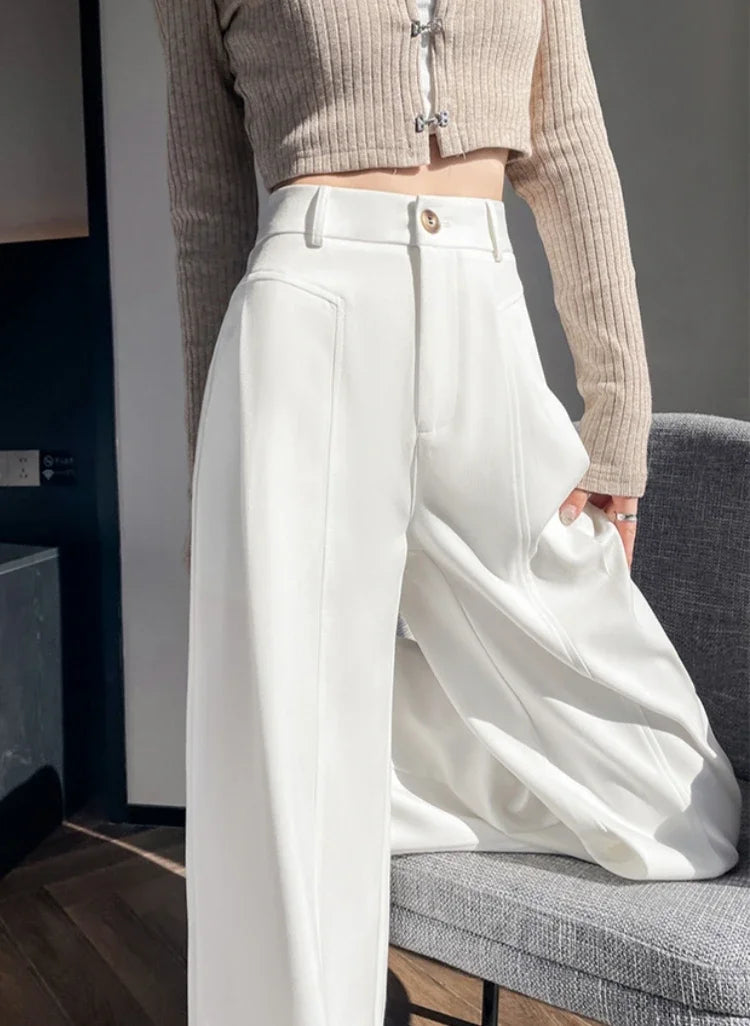 Elegant Straight Casual Denim Cotton Loose Wide Leg Full Pants High Waist Solid Trousers Mssza