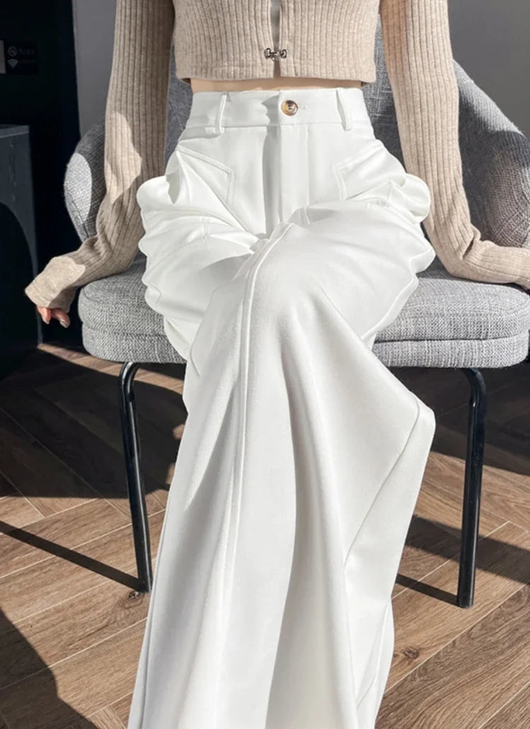 Elegant Straight Casual Denim Cotton Loose Wide Leg Full Pants High Waist Solid Trousers Mssza