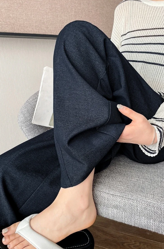 Elegant Straight Casual Denim Cotton Loose Wide Leg Full Pants High Waist Solid Trousers Mssza