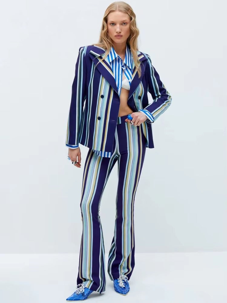 Elegant Striped Notched Designer Runway Jacket Flare Pants 2pcs Suit Set Mssza