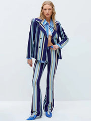 Elegant Striped Notched Designer Runway Jacket Flare Pants 2pcs Suit Set Mssza