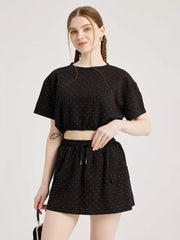 Elegant Studded Polyester Crop Top And Mini Skirt Two Piece Set Mssza