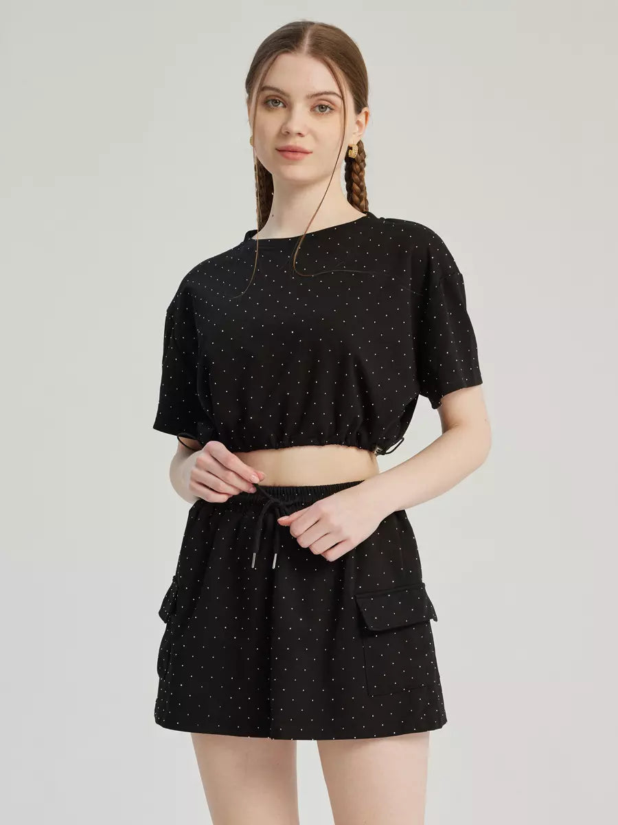 Elegant Studded Polyester Crop Top And Mini Skirt Two Piece Set Mssza