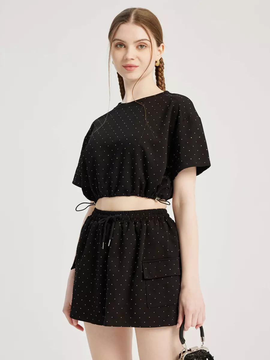 Elegant Studded Polyester Crop Top And Mini Skirt Two Piece Set Mssza