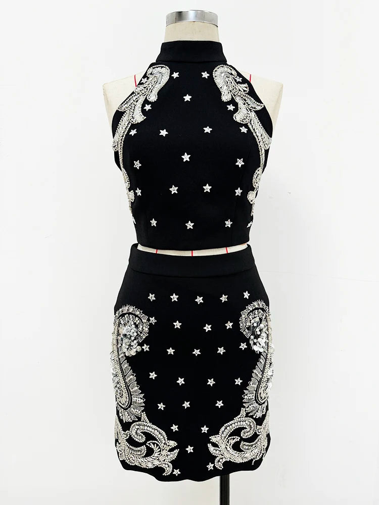Elegant Stunning Beaded Halter Neck Camis Top Mini Skirt Designer Suit Set Mssza