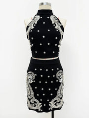 Elegant Stunning Beaded Halter Neck Camis Top Mini Skirt Designer Suit Set Mssza