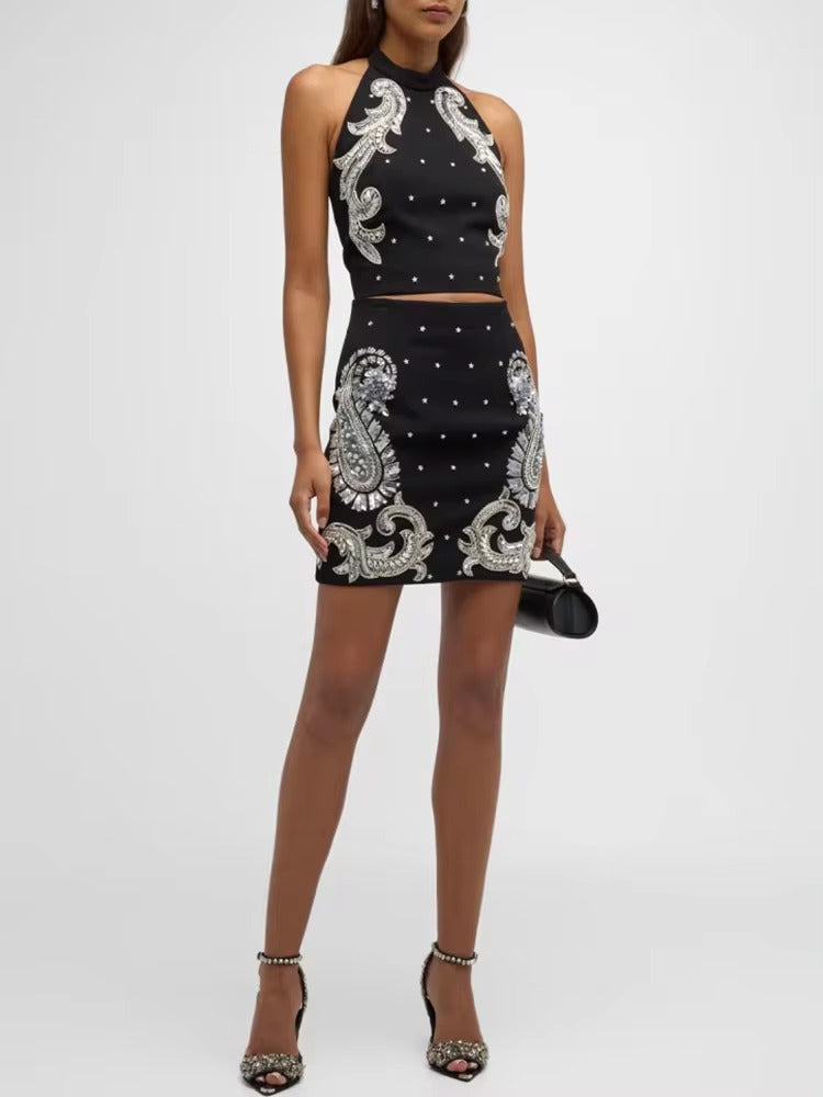 Elegant Stunning Beaded Halter Neck Camis Top Mini Skirt Designer Suit Set Mssza