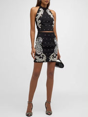 Elegant Stunning Beaded Halter Neck Camis Top Mini Skirt Designer Suit Set Mssza