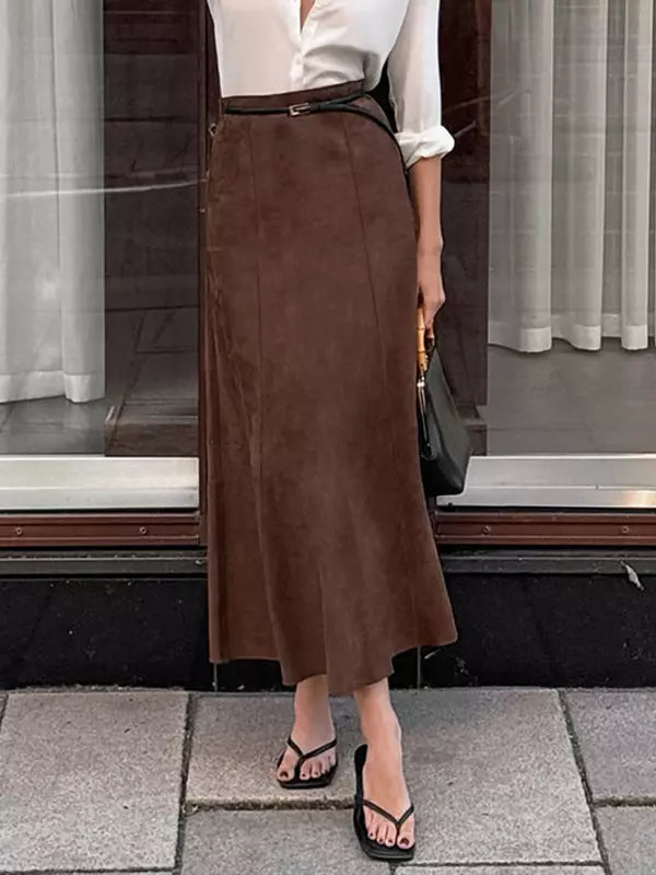 Elegant Suede Solid Color Daily Casual A-Line Maxi Skirt Mssza