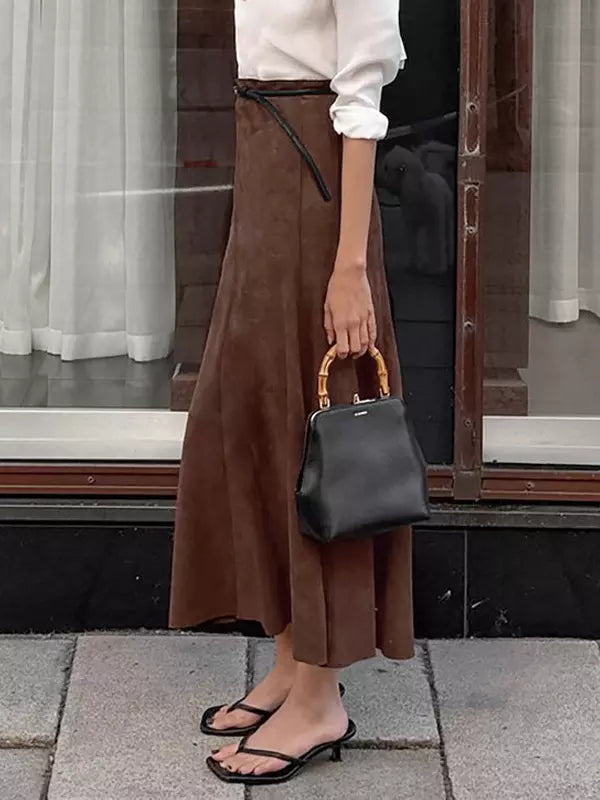 Elegant Suede Solid Color Daily Casual A-Line Maxi Skirt Mssza