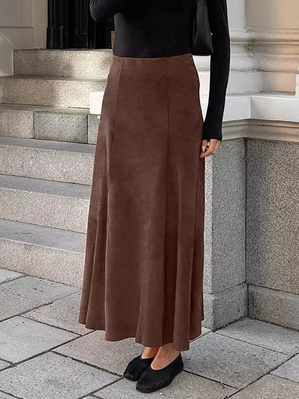 Elegant Suede Solid Color Daily Casual A-Line Maxi Skirt Mssza