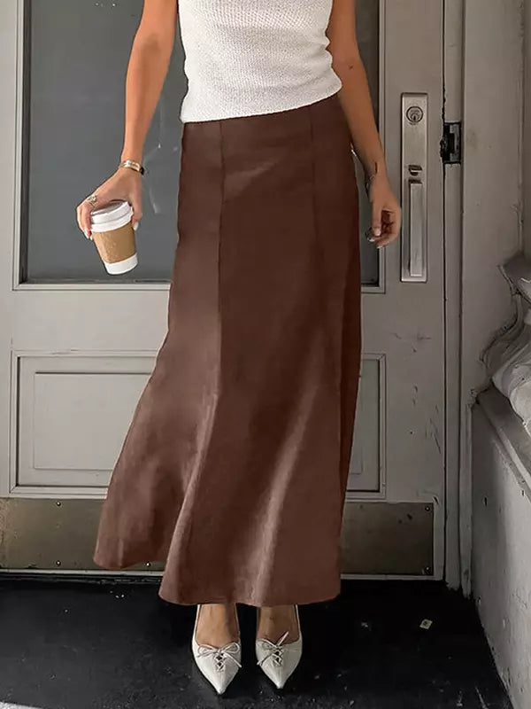 Elegant Suede Solid Color Daily Casual A-Line Maxi Skirt Mssza